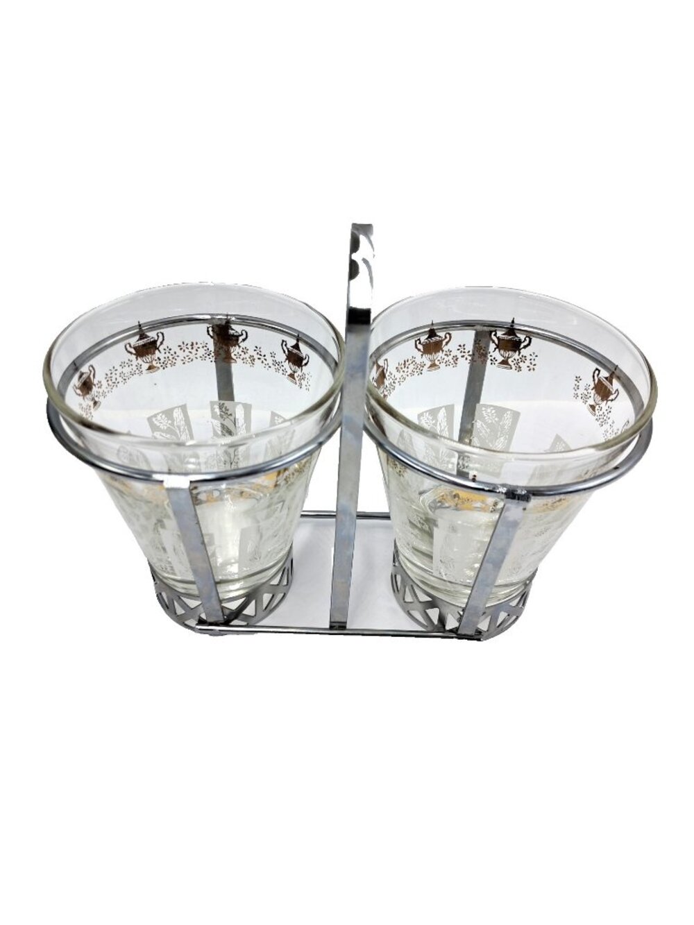 Vintage Mid-Century Libbey Gold Urn Frosted Glass Condiment Caddy Set MCM
